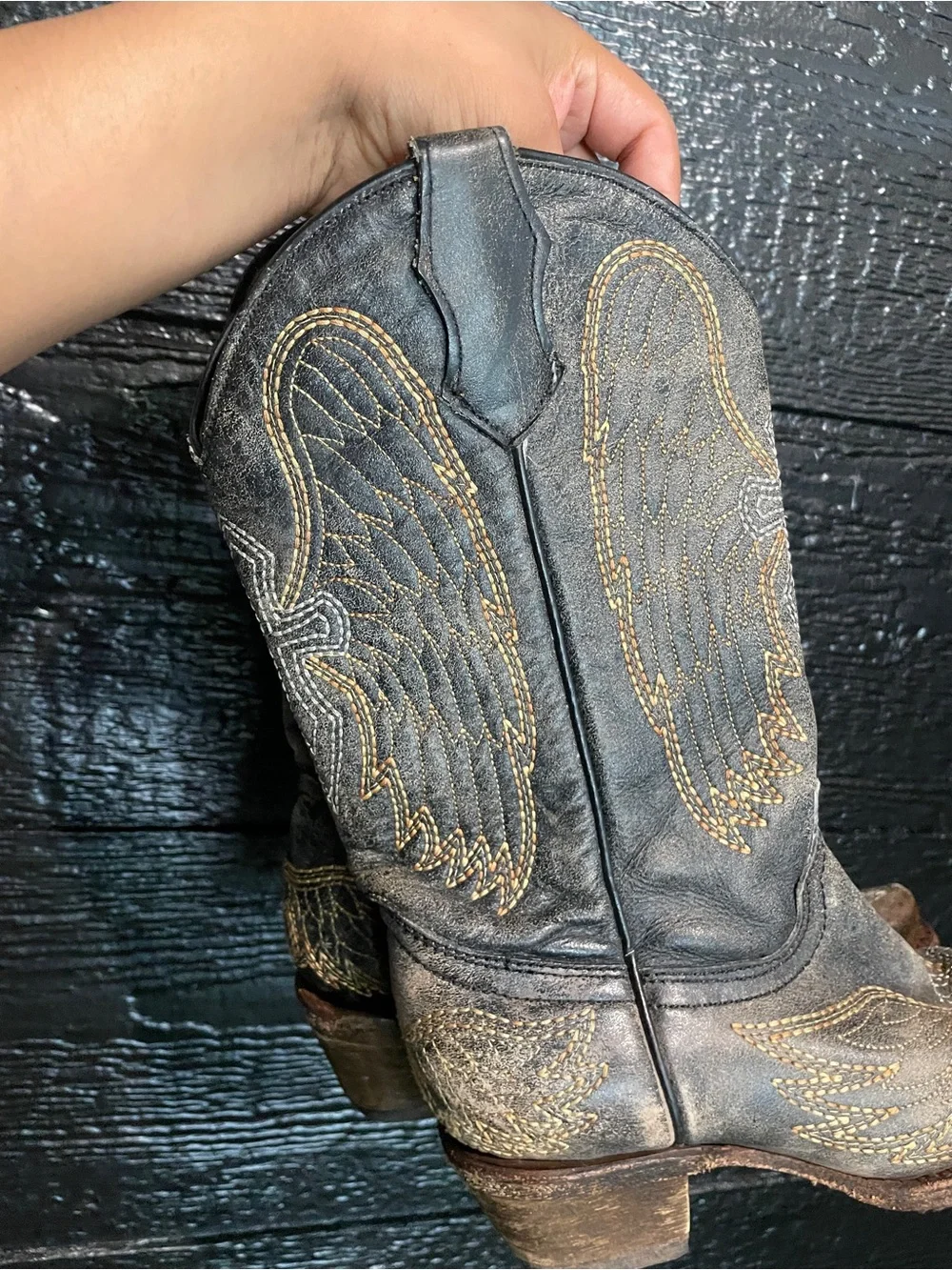 Vintage Corral Teens Boots Gray Leather Angel Wing Cross Cowgirl Size 3.5T